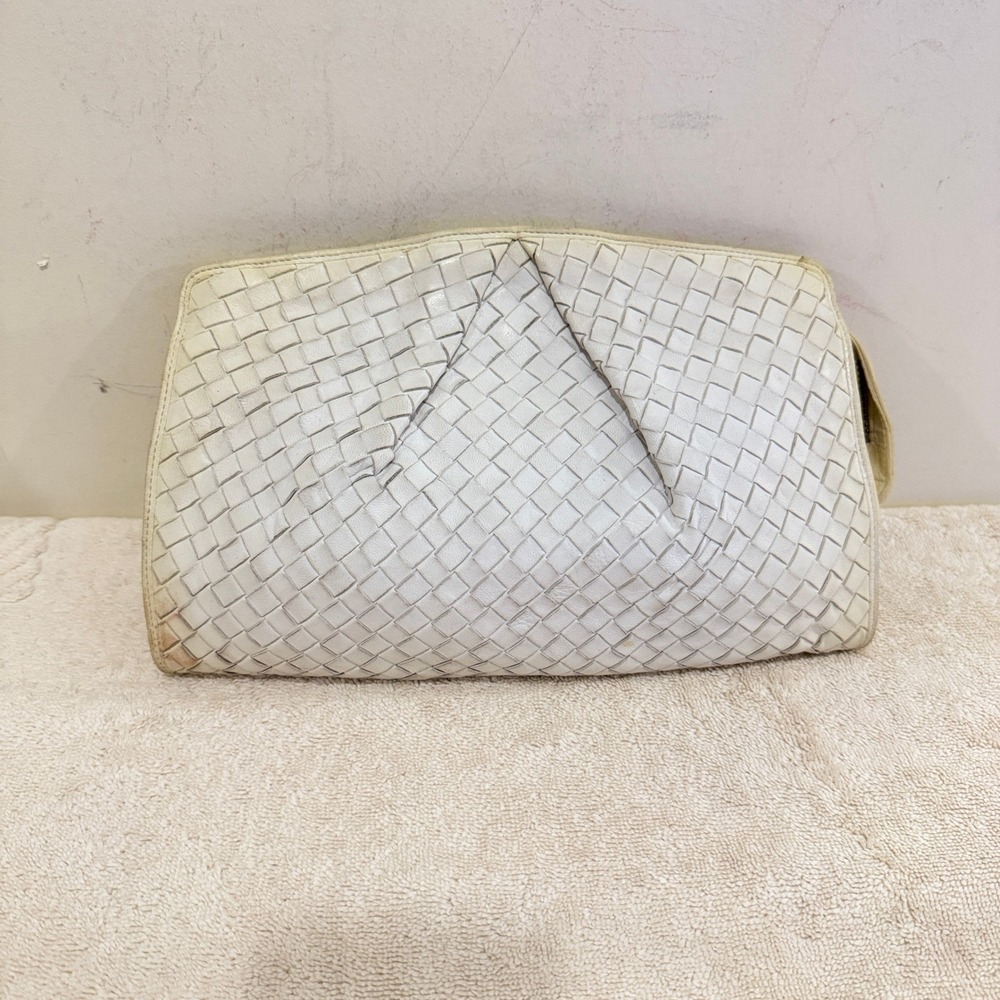 Vintage Bottega Veneta Intrecciato Woven Leather Clutch Ivory Made in Italy